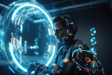 Poster - A Woman In A Futuristic Suit Holding A Futuristic Object In Her Hands Conference Room Animation Artificial Intelligence Generative AI 