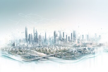 Poster - A City With A Bridge And A River In The Foreground Modern City Skyline In The Morning Panoramic Photography Supply Chain Optimization Generative AI 