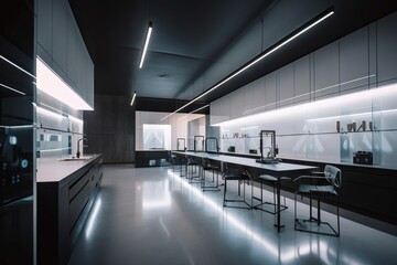 Poster - A Long Table With Chairs And Lights In A Room With A Long Counter Kitchen Architectural Photography Lighting Design Generative AI 