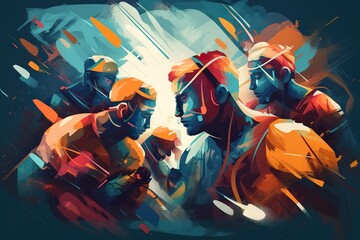 Poster - A Painting Of A Group Of People In A Group Of Different Colors Boxing Gym Fauvism Arbitration Generative AI 