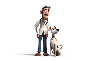 Poster - A Cartoon Character With A Dog And A Cat On A White Background Hospital Animation Veterinary Medicine