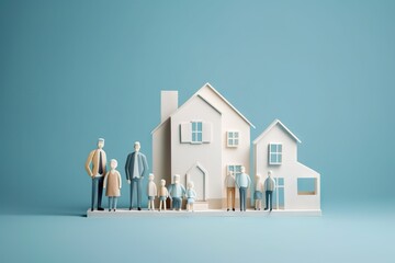 Poster - A Group Of People Standing In Front Of A House With A Blue Background Suburban Cul-de-sac Advertising Photography Home Insurance Generative AI 