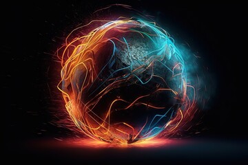 Poster - A Sphere With A Lot Of Light Streaks Around It On A Black Background Lunar Landscape Kinetic Art Motion Graphics Generative AI 