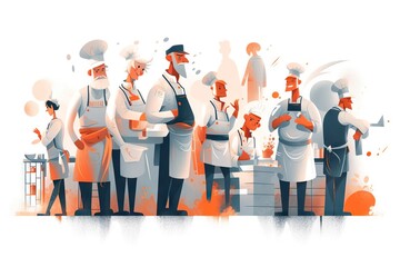 Poster - A Group Of People Standing Around Each Other In Front Of A White Background Restaurant Animation Cuisine