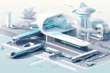 Poster - A Futuristic Airport With A Train Station And A Passenger Terminal And A Passenger Bus Train Station Animation Manufacturing Planning And Control Generative AI 