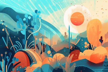 Wall Mural - A Painting Of A Desert Landscape With A Sun And Cactuses Lunar Landscape Animation Motion Graphics Generative AI 