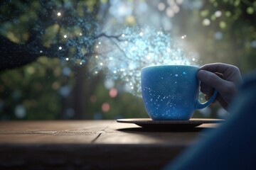 Poster - A Person Holding A Blue Cup On A Wooden Table With A Blurry Background Coffee Shop Animation Motion Graphics