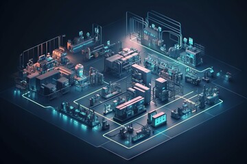 Poster - A Computer Generated Image Of A Factory With A Neon Glow On The Floor Factory Animation Manufacturing Planning And Control Generative AI 