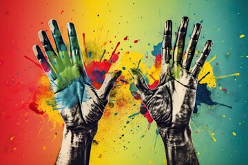 Poster - Two Hands With Painted Hands And Paint Splatters On Them Graffiti Wall Fauvism Advertising Design