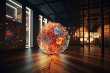 Poster - A Ball Of String Is On The Floor In A Room With Windows Science Museum Kinetic Art Motion Graphics Generative AI 