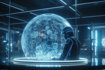 Poster - a man in a futuristic suit standing in front of a large glass ball conference room animation virtual