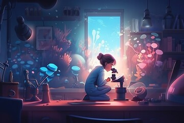 Poster - A Girl Is Sitting On A Desk Looking At A Microscope In A Room With A Window Aquarium Animation Aquariums