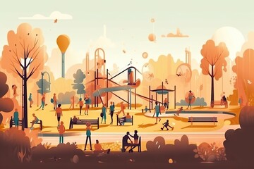 Poster - A Park With People Sitting And Walking Around It And Trees And A Playground Urban Park At Golden Hour With Fall Foliage Animation Motion Graphics Generative AI 