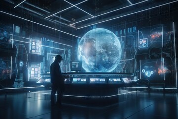 Poster - A Man Standing In A Room With A Large Screen In The Background Conference Room Animation Smart Homes
