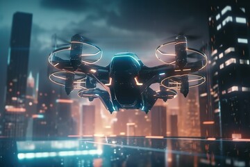 Poster - A Futuristic City With A Flying Device In The Air At Night Modern Urban Skyline Aerial Photography Motion Graphics Generative AI 