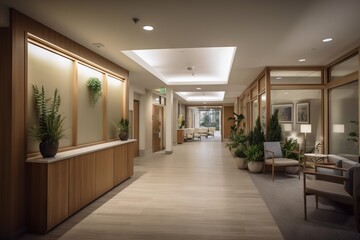 Poster - a long hallway with a lot of plants and chairs on the side hospital architectural photography interi