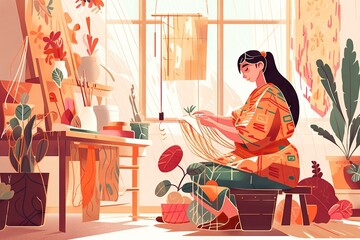 Poster - A Woman Sitting On A Chair In A Room With Plants And A Sewing Machine Traditional Japanese House Weaving Knitting Generative AI 