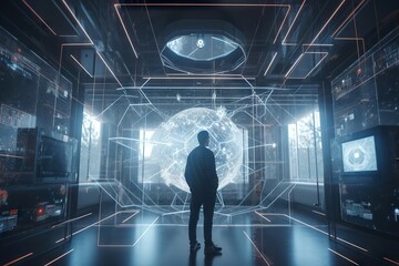 Fototapete - A Man Standing In A Room With A Lot Of Lights On It Science Museum Video Art Motion Graphics