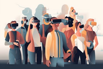 Fototapete - A Group Of People Standing Next To Each Other With Virtual Glasses Factory Animation Virtual Reality