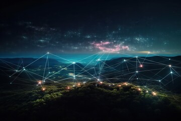 Poster - A Night View Of A Mountain With A Network Of Lights On It Modern City Skyline At Blue Hour With Panoramic Photography Network Engineering Generative AI 