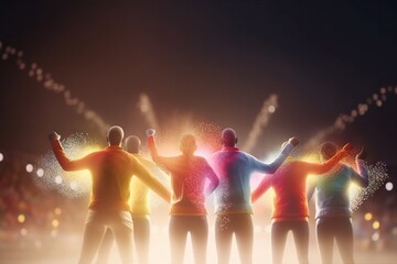 Fototapete - A Group Of People Standing In Front Of A Crowd Of People Nightclub Video Art Motion Graphics Generative AI 
