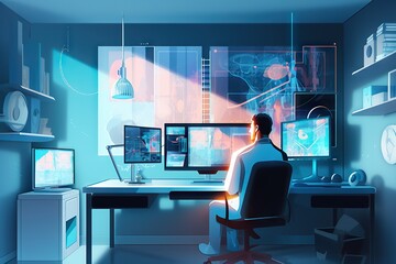 Poster - a man sitting at a desk with a computer and monitors on it conference room animation medical devices