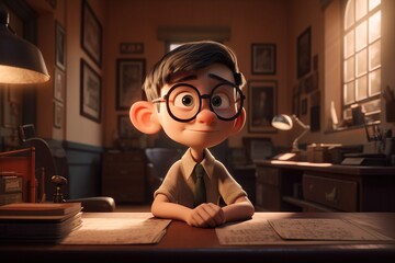 Poster - A Cartoon Boy With Glasses Sitting At A Desk In A Room Law Office Animation Animation Filmmaking Generative AI 