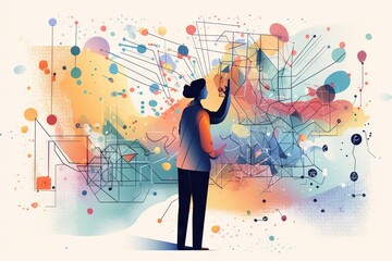 Poster - A Man Is Painting A Colorful Abstract Background With Circles And Lines Workshop Graphic Design Data Analytics Generative AI 