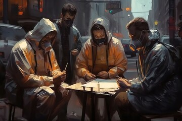 Poster - Three Men In Raincoats Are Writing On A Paper While Sitting At A Table Urban Street Environmental Art Science Writing Generative AI 