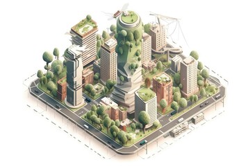 Poster - A City With A Lot Of Tall Buildings And Trees On Top Of It Modern Urban Skyline Panoramic Photography Energy-efficient Homes Generative AI 