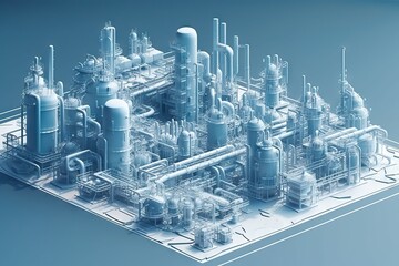 Poster - A 3d Image Of A Factory With Pipes And Tanks On A Blue Background Factory Animation Manufacturing Planning And Control Generative AI 
