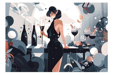 Poster - A Woman In A Black Dress Standing In Front Of A Table With Wine Glasses Winery Art Nouveau Cocktails