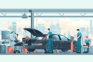 Poster - A Car Being Worked On In A Garage With Workers Working On It Car Repair Shop Advertising Photography Lean Manufacturing Generative AI 