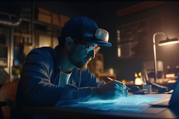 Poster - A Man In A Hat And Glasses Is Looking At A Laptop Workshop Advertising Photography Motion Graphics