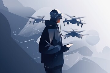 Poster - A Man In A Black Jacket And Headphones Is Looking At A Tablet Military Base Aerial Photography Augmented Reality