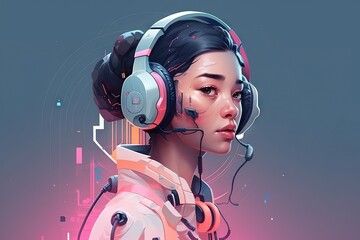 Poster - A Woman With Headphones On Her Face And A Pink Background Marina Digital Art Headphones Generative AI 