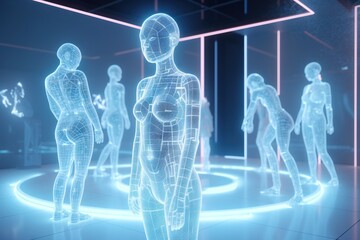 Poster - A Futuristic Man Standing In Front Of A Mirror With A Neon Light Nightclub Video Art Artificial Intelligence Generative AI 