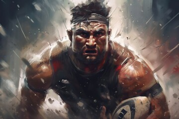 Poster - A Man Holding A Rugby Ball In His Hands And Wearing A Headband Sports Bar Sports Photography Digital Painting Generative AI 