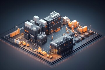 Poster - A Computer Generated Image Of A City With Buildings And Cars On A Street Factory Animation Motion Graphics
