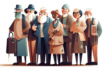 Poster - A Group Of Old Men Standing Next To Each Other In Front Of A White Background National Park Animation Group Travel Generative AI 