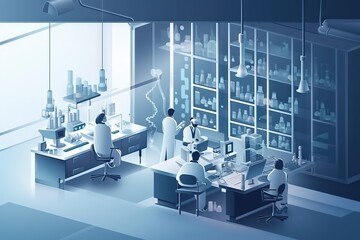 Poster - A Group Of People In A Lab Working On A Computer Screen Factory Animation Clinical Research