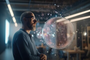 Poster - A Man Standing In Front Of A Glass Ball In A Room Science Museum Advertising Photography Motion Graphics
