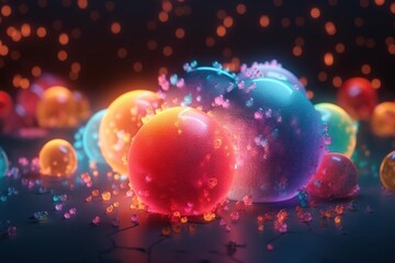 Poster - A Group Of Colorful Balls With Bubbles On A Table With A Black Background Lunar Landscape Animation Motion Graphics Generative AI 