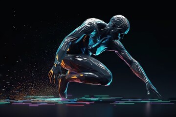 Poster - A Futuristic Man Kneeling Down In The Dark With Neon Lights Around Him Factory Animation Motion Graphics Generative AI 