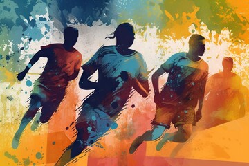 Poster - Three Soccer Players Running In A Colorful Background With Splashes Of Paint Sports Bar Sports Photography Sports Coaching Generative AI 