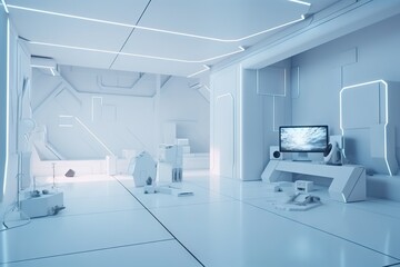 Poster - A Room With A Tv And A White Table And Chairs In It Bedroom Minimalism Smart Homes