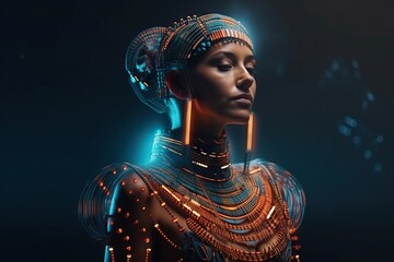 Poster - A Woman With A Futuristic Headpiece And Glowing Lights On Her Face Zoo Video Art Motion Graphics Generative AI 