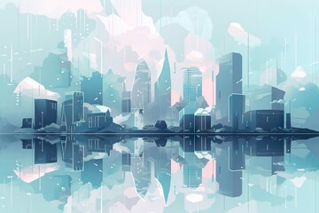 Poster - A City Skyline With A Lake In The Foreground And A Sky Line In The Background Glacier Environmental Art Cities Generative AI 