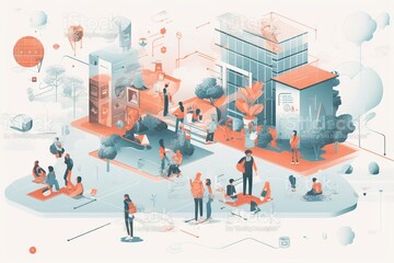 Poster - A Group Of People Standing Around A Building With Orange And Blue Colors Park Animation Infographic Design Generative AI 