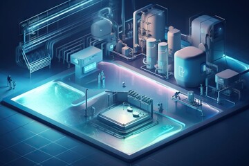 Poster - a futuristic illustration of a room with a lot of pipes and tanks water treatment plant assemblage m